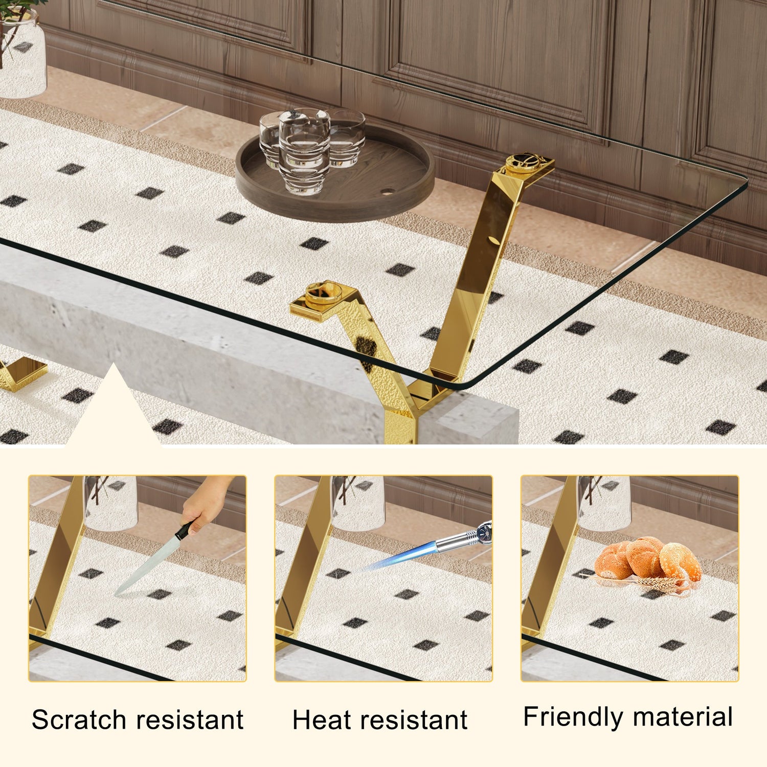 Modern tempered glass dining table. Large modern office desk with gold