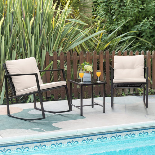 3 Pieces Rocking Wicker Bistro Set, Patio Outdoor Furniture