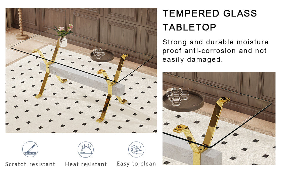 Modern tempered glass dining table. Large modern office desk with gold