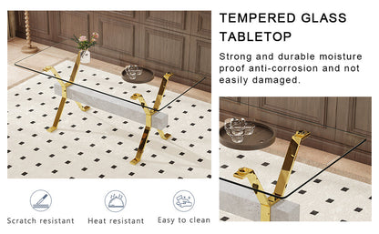 Modern tempered glass dining table. Large modern office desk with gold