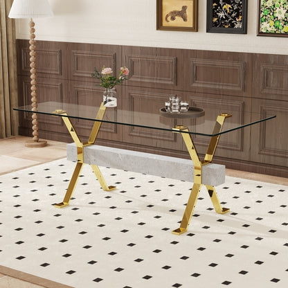 Modern tempered glass dining table. Large modern office desk with gold