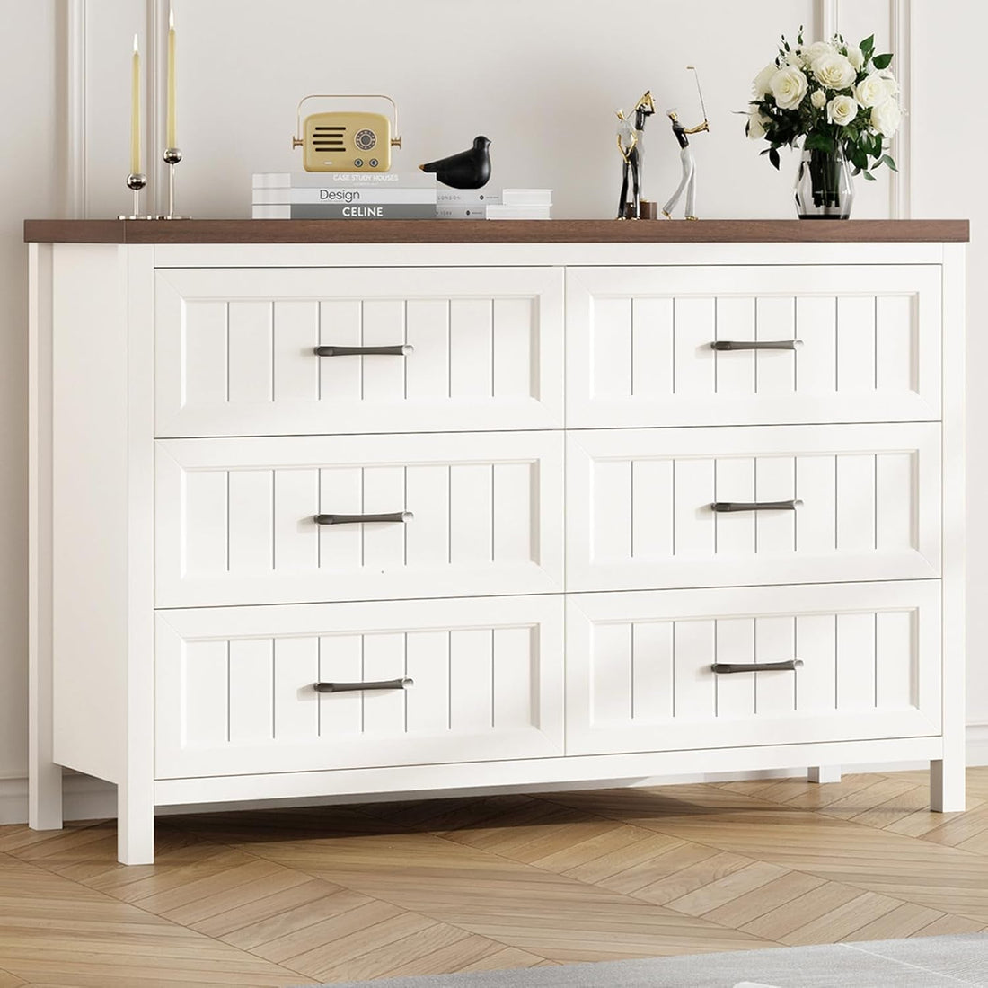 Farmhouse Dresser 6 Drawer Dresser for Bedroom, Large Wooden Dressers