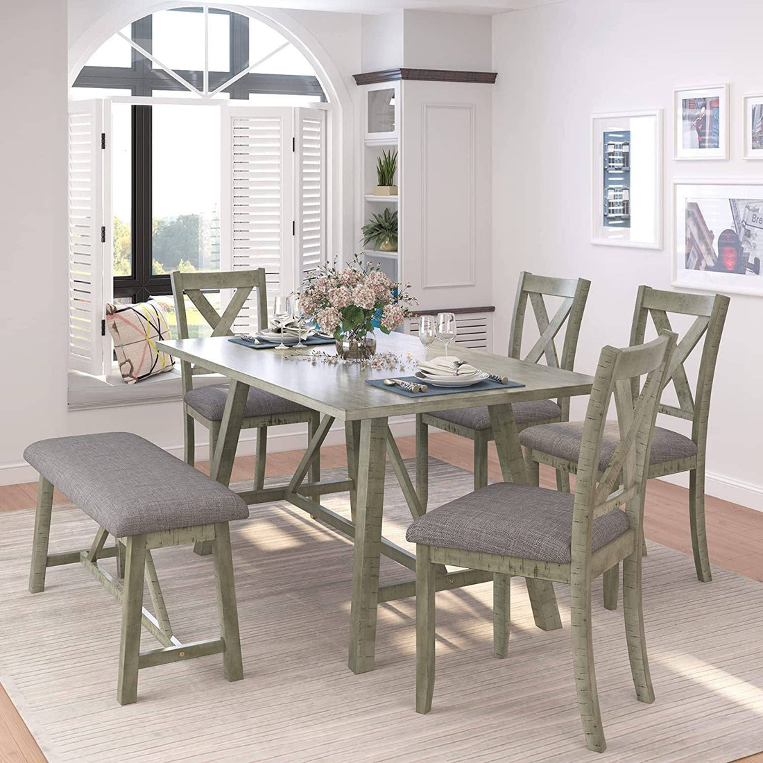 Rustic Gray Wooden 6-Piece Dining Table Set with Cushioned Chairs and