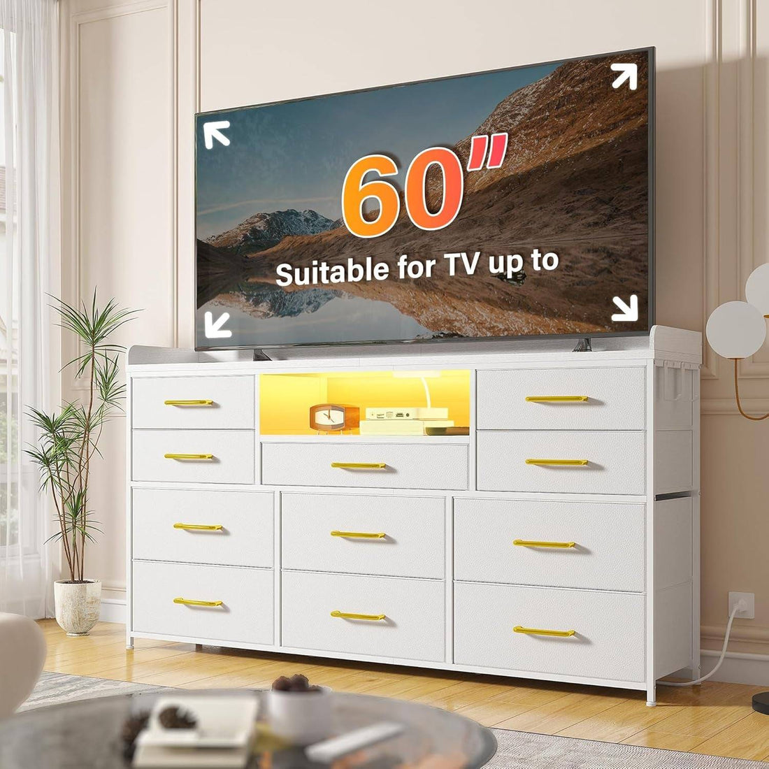 Dresser TV Stand with 11 Drawers for 60" TV Stand for Bedroom with LED
