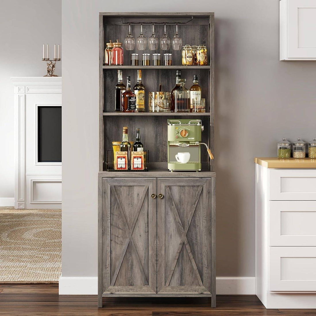 67&quot; Farmhouse Wine Bar Cabinet Liquor Glasses Grey