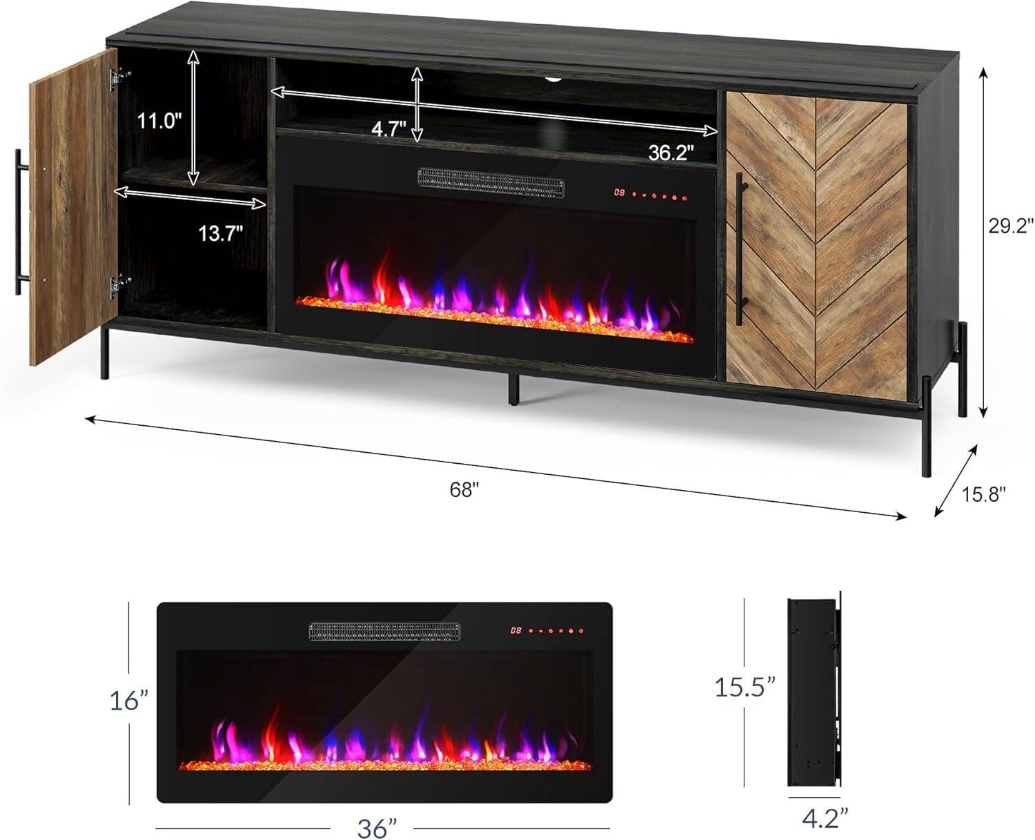 68&quot; TV Stand with 36&quot; Electric Fireplace Heater, Entertainment Center