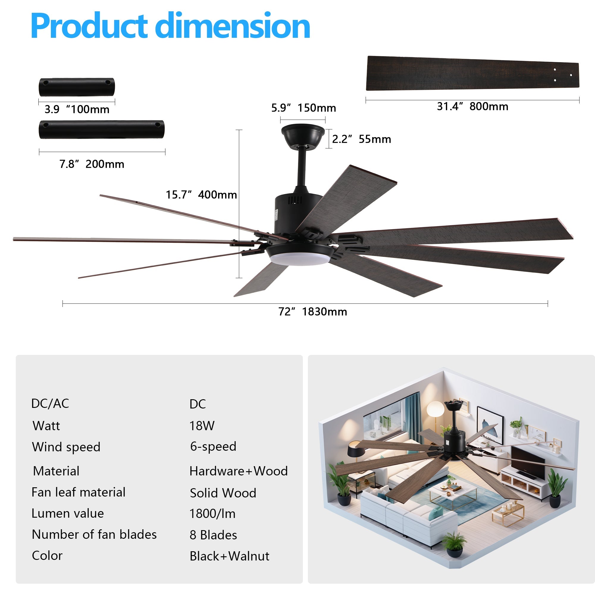 Walnut LED Ceiling Fan Light with 8 Wooden Blades, Remote Control,