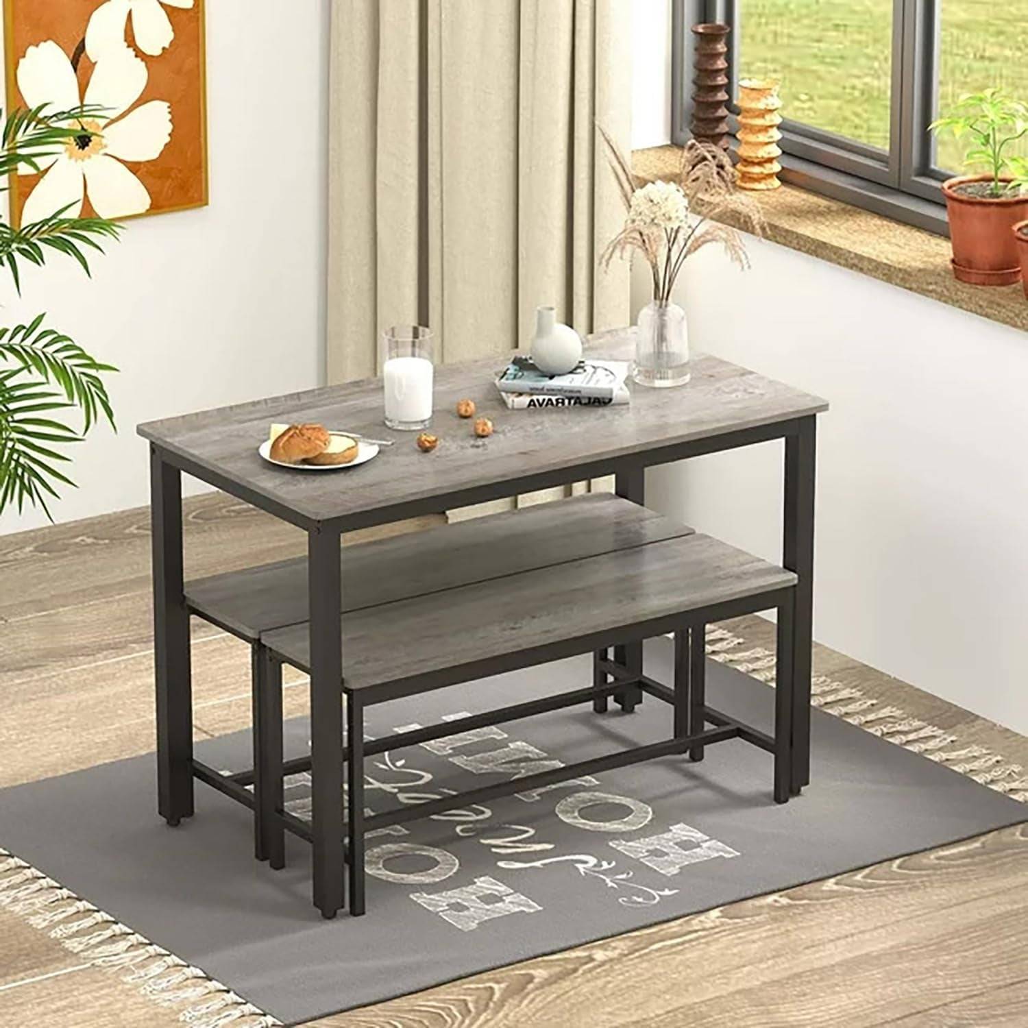 Dining Table Set for 4, Kitchen Room Table Set with 2 Benches, 3-Piece