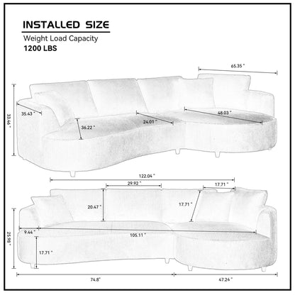 122.04 inch Corduroy Upholstered Sectional Sofa with Right Facing