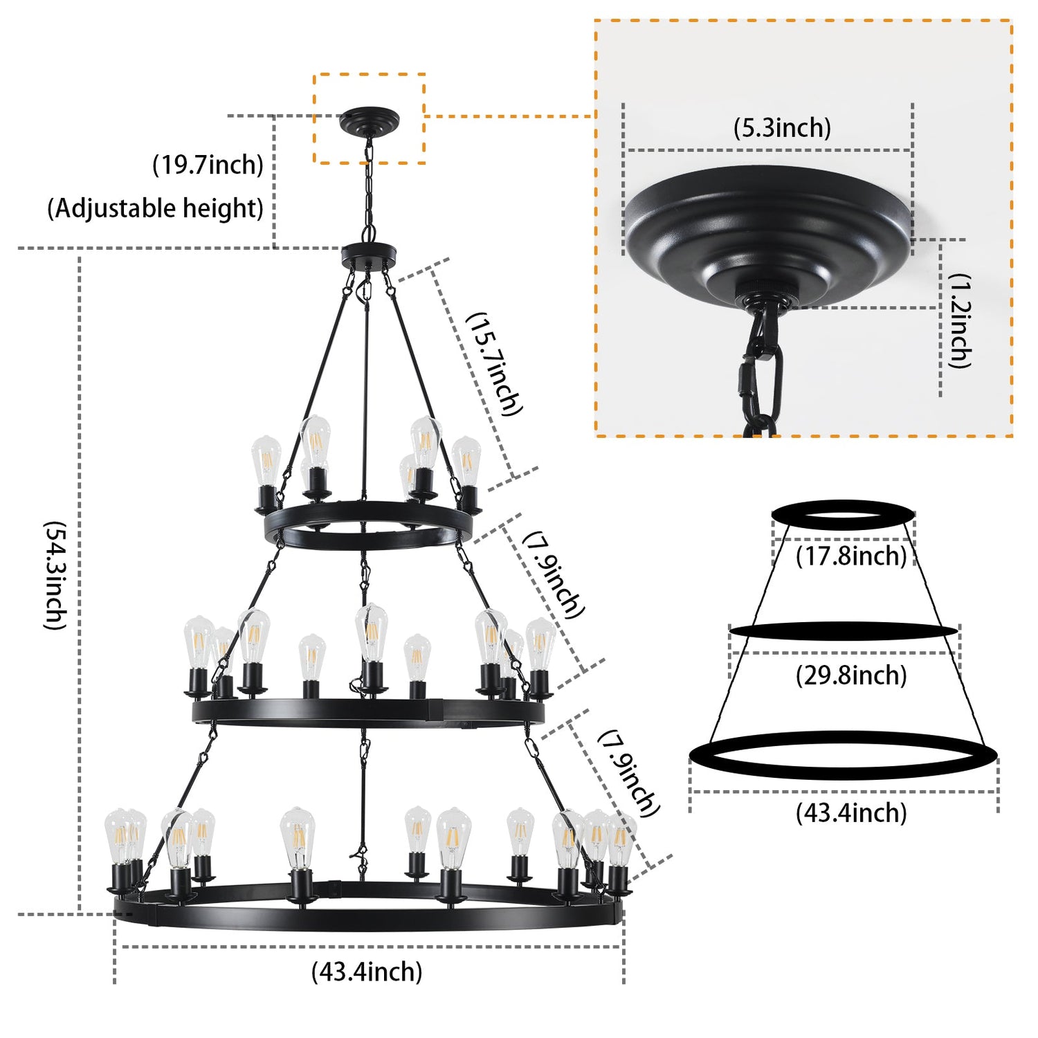 27 Light Metal Ring Chandelier Black