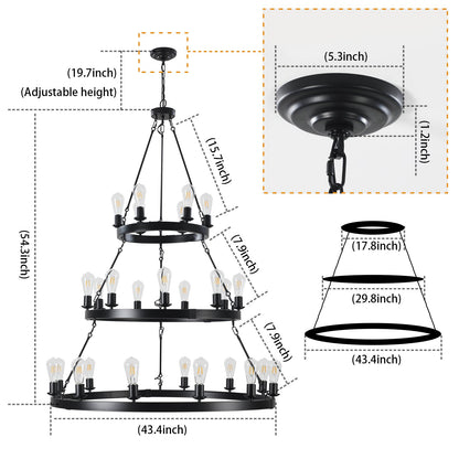 27 Light Metal Ring Chandelier Black