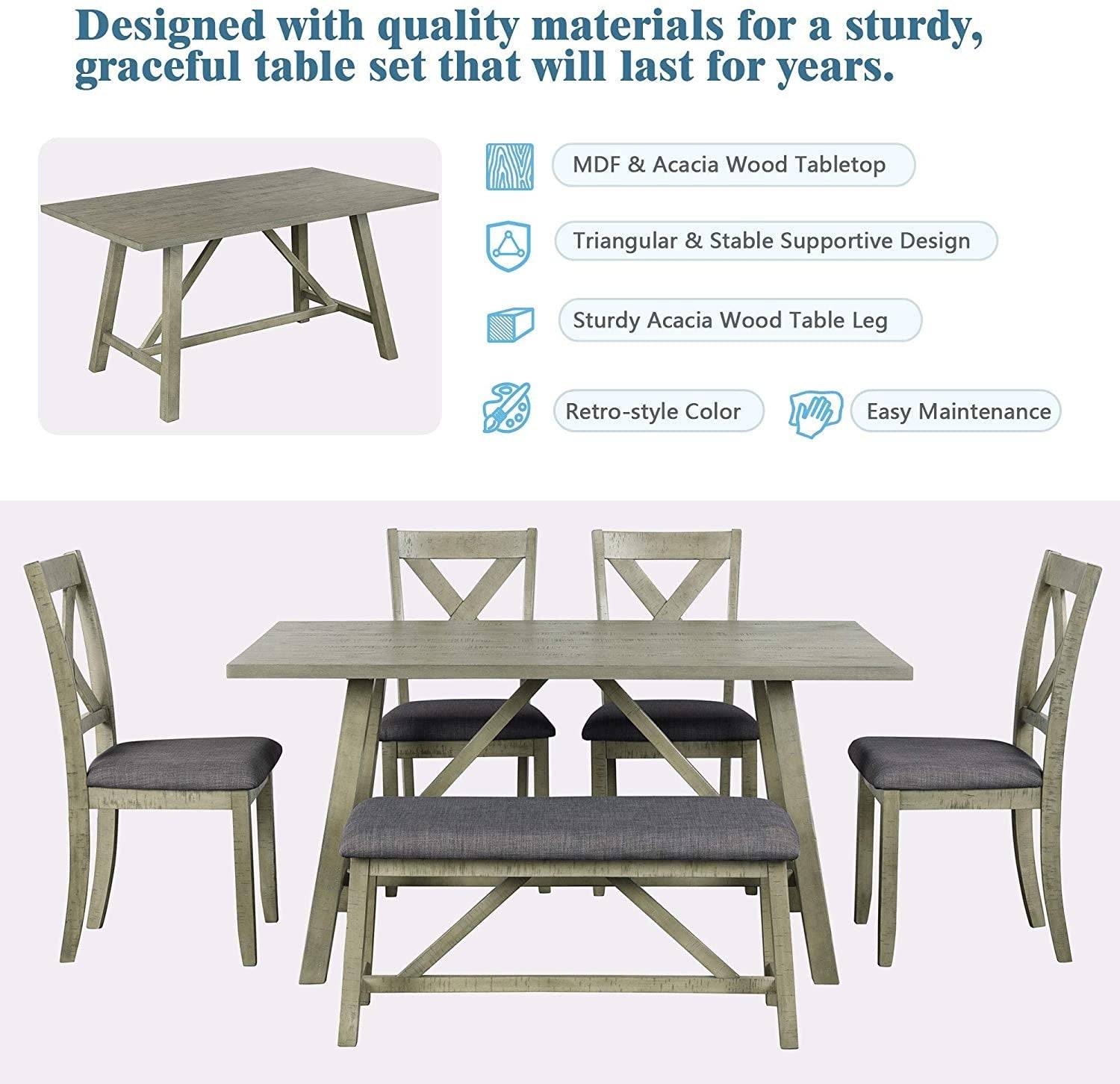 Rustic Gray Wooden 6-Piece Dining Table Set with Cushioned Chairs and