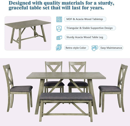 Rustic Gray Wooden 6-Piece Dining Table Set with Cushioned Chairs and