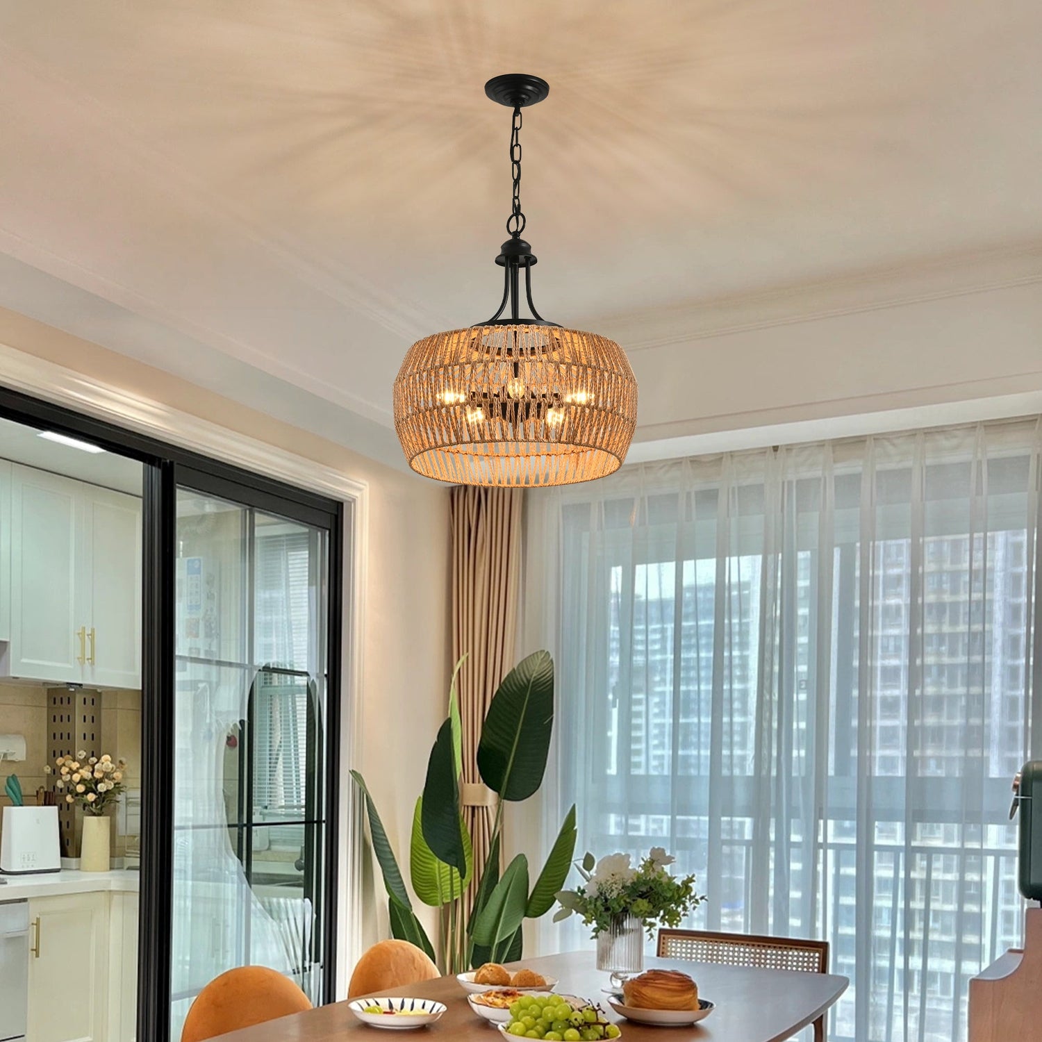 Boho Hemp Rope Pendant Light, Hand-Woven Jute Hanging Lamp with