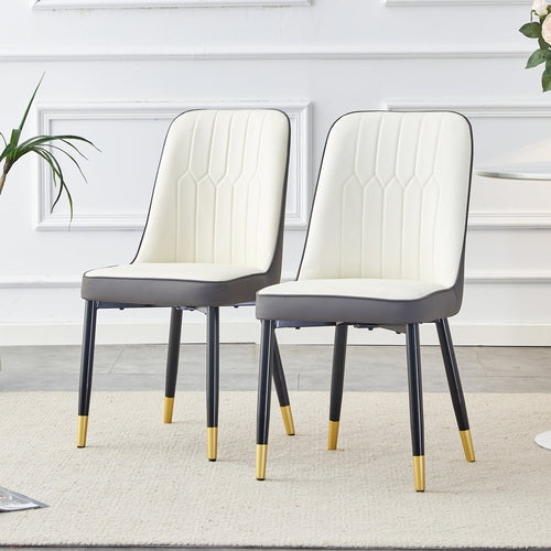 A modern dining chair with a white dark gray dual tone PU leather
