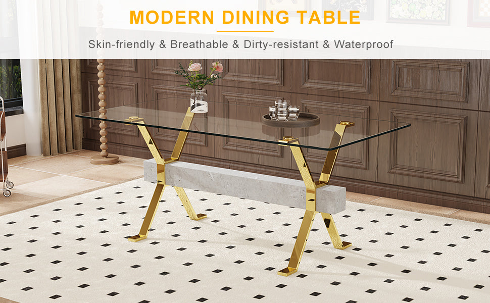 Modern tempered glass dining table. Large modern office desk with gold