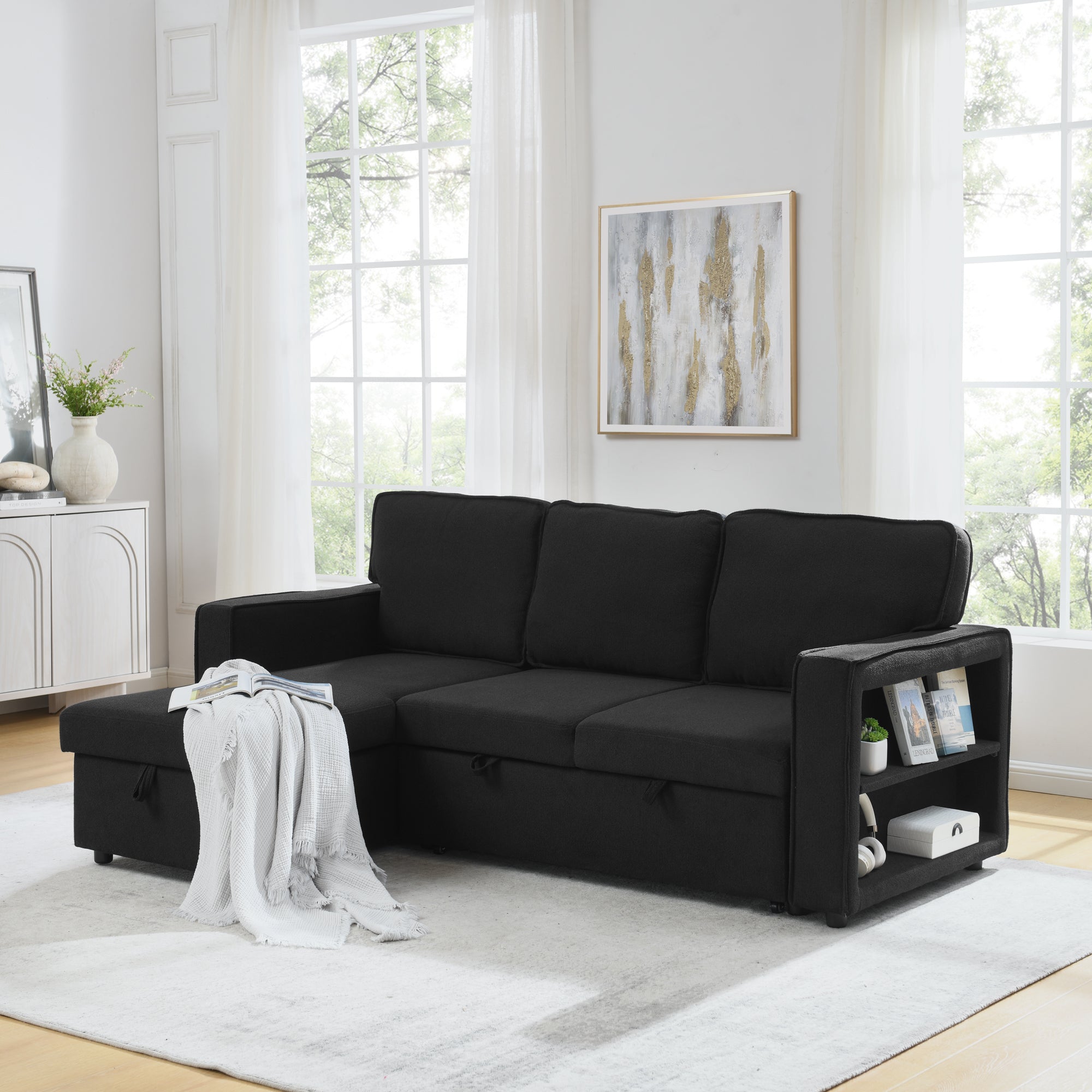 Linen Upholstered Sleeper Sectional Sofa, Shaped Modular Convertible