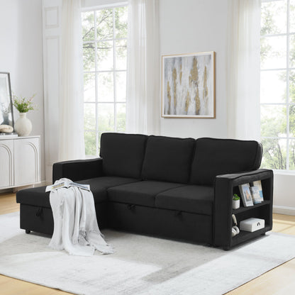 Linen Upholstered Sleeper Sectional Sofa, Shaped Modular Convertible