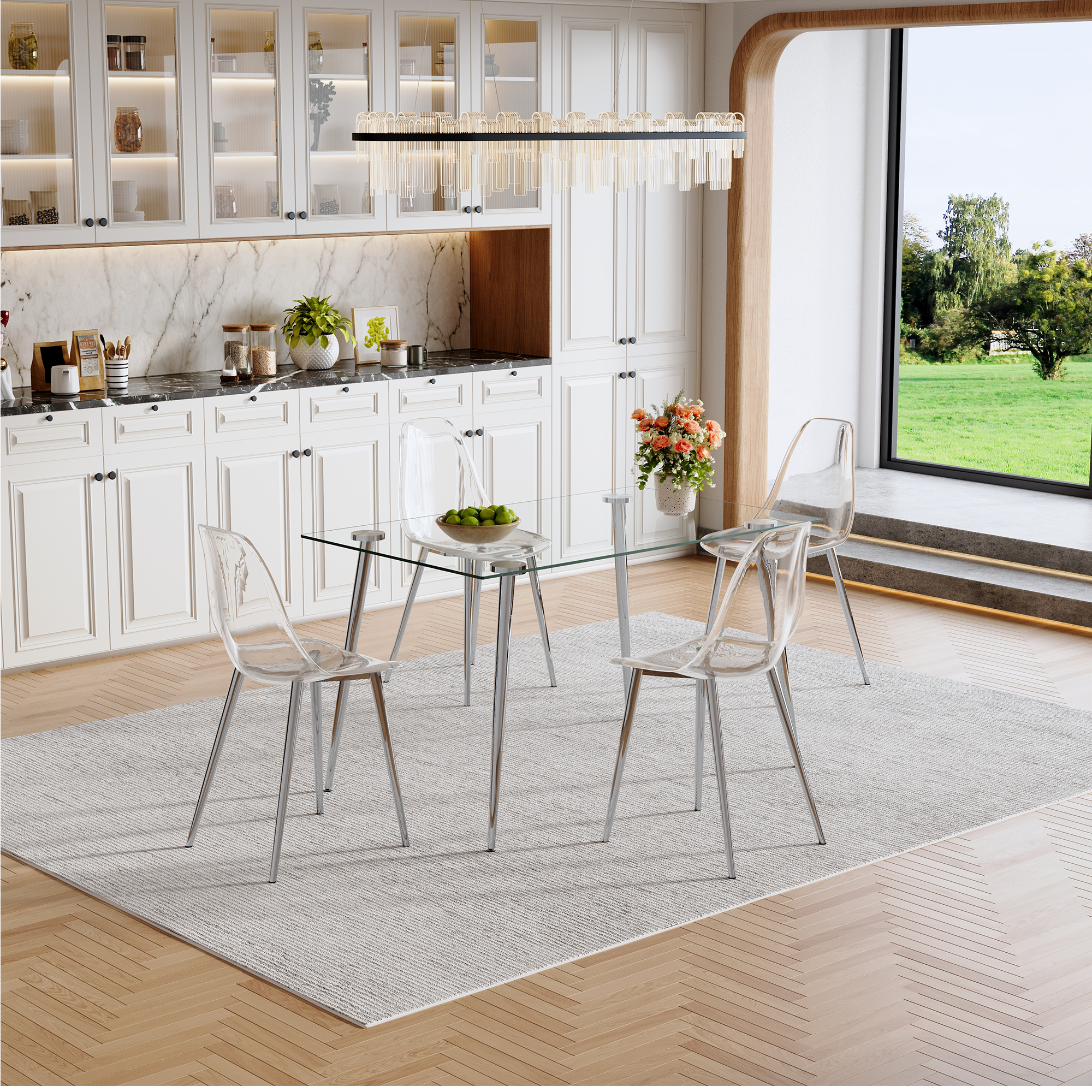 Table and chair set.Modern Luxurious Rectangular Tempered Glass Dining