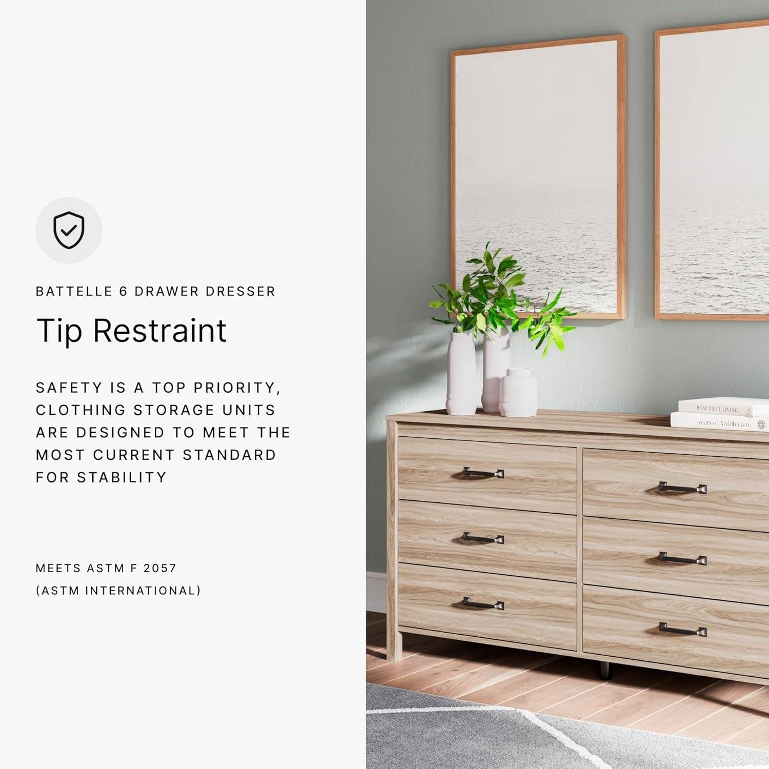 Battelle Mid-Century Modern 6 Drawer Dresser with Chevron Pattern and