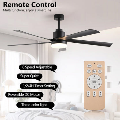 65 Inch Black Ceiling Fan with Light, 5-Blade Dimmable LED Ceiling Fan