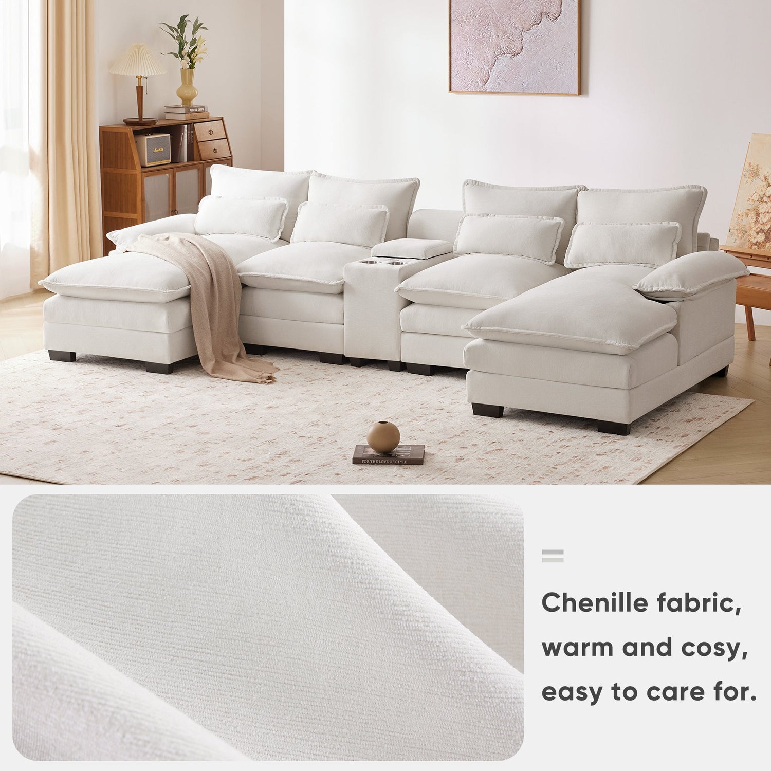 123*55" Modern U-shaped Sofa with Console,Cupholders and USB