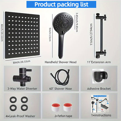 1pc High-Pressure Rain Shower Head Set - 8-Inch Stainless Steel Showerhead with 11-Inch Adjustable Extension Arm, 5-Setting Handheld Showerhead, Powerful Low-Pressure Water Spray, Matte Black Finish, Wall Mount, Durable and C