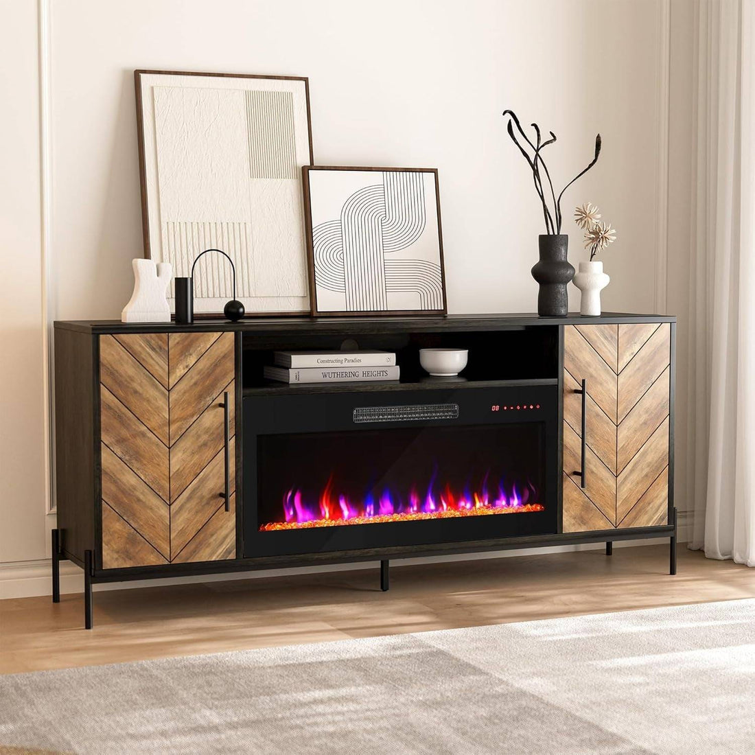 68&quot; TV Stand with 36&quot; Electric Fireplace Heater, Entertainment Center