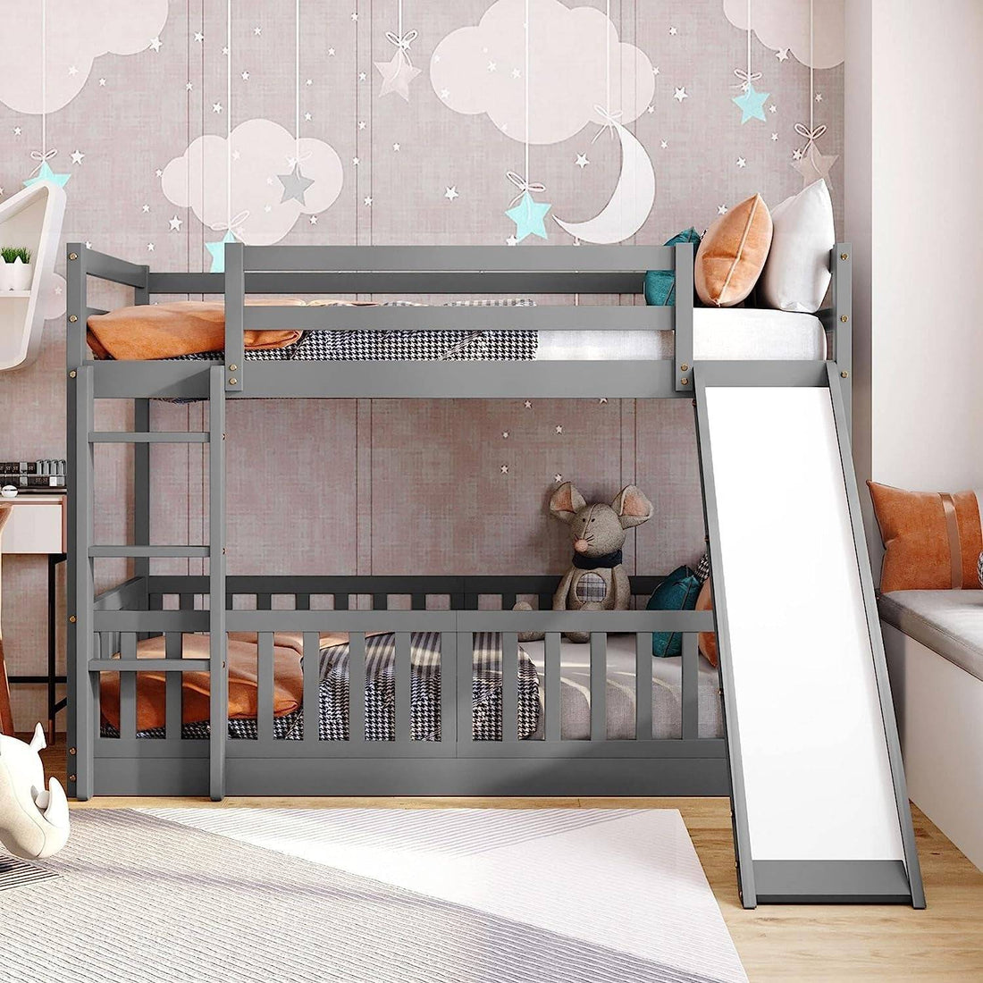 Gray Twin Bunk Bed with Slide and Ladder