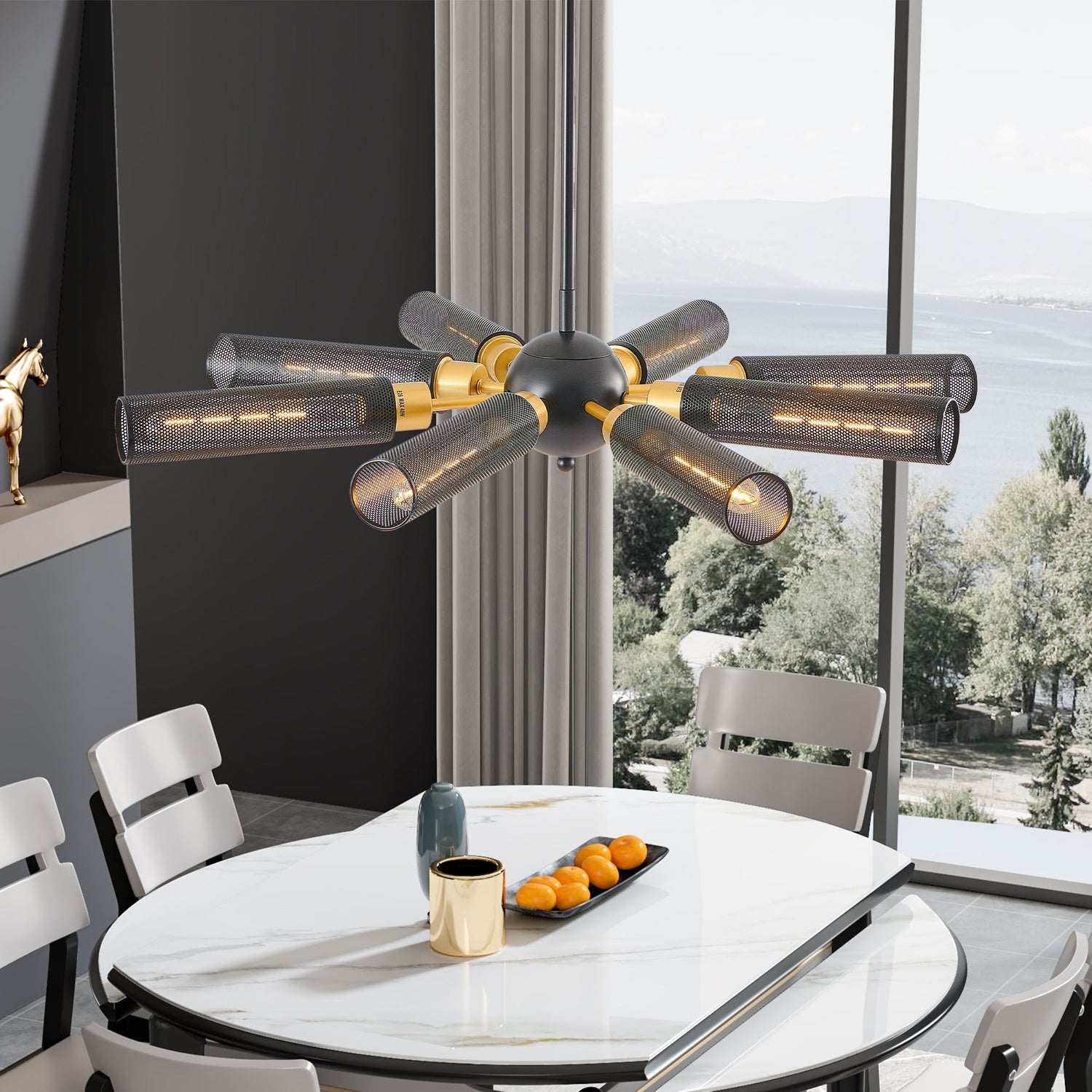 Modern Industrial Sputnik Chandelier, 8-Light Black and Gold Metal
