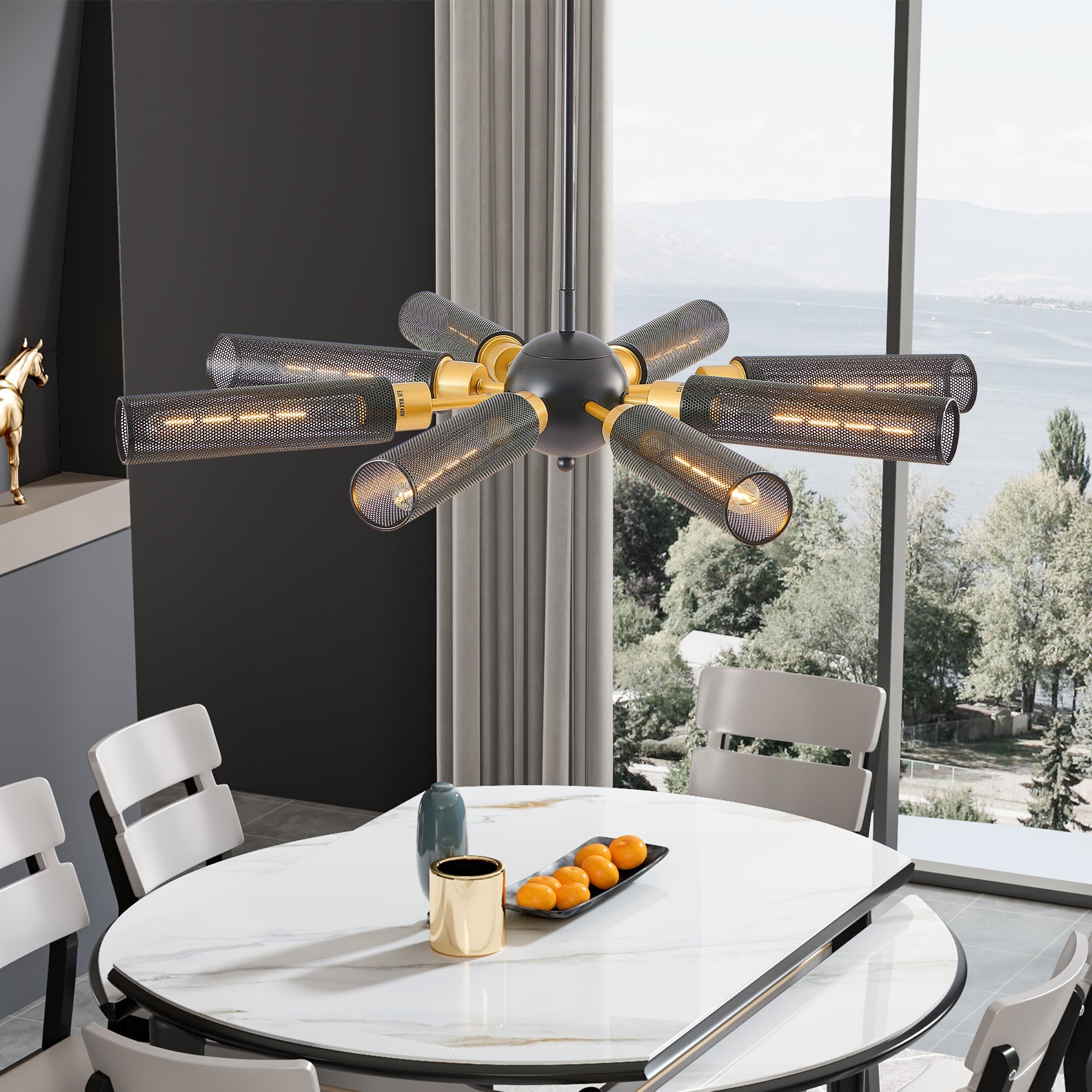 Modern Industrial Sputnik Chandelier, 8-Light Black and Gold Metal