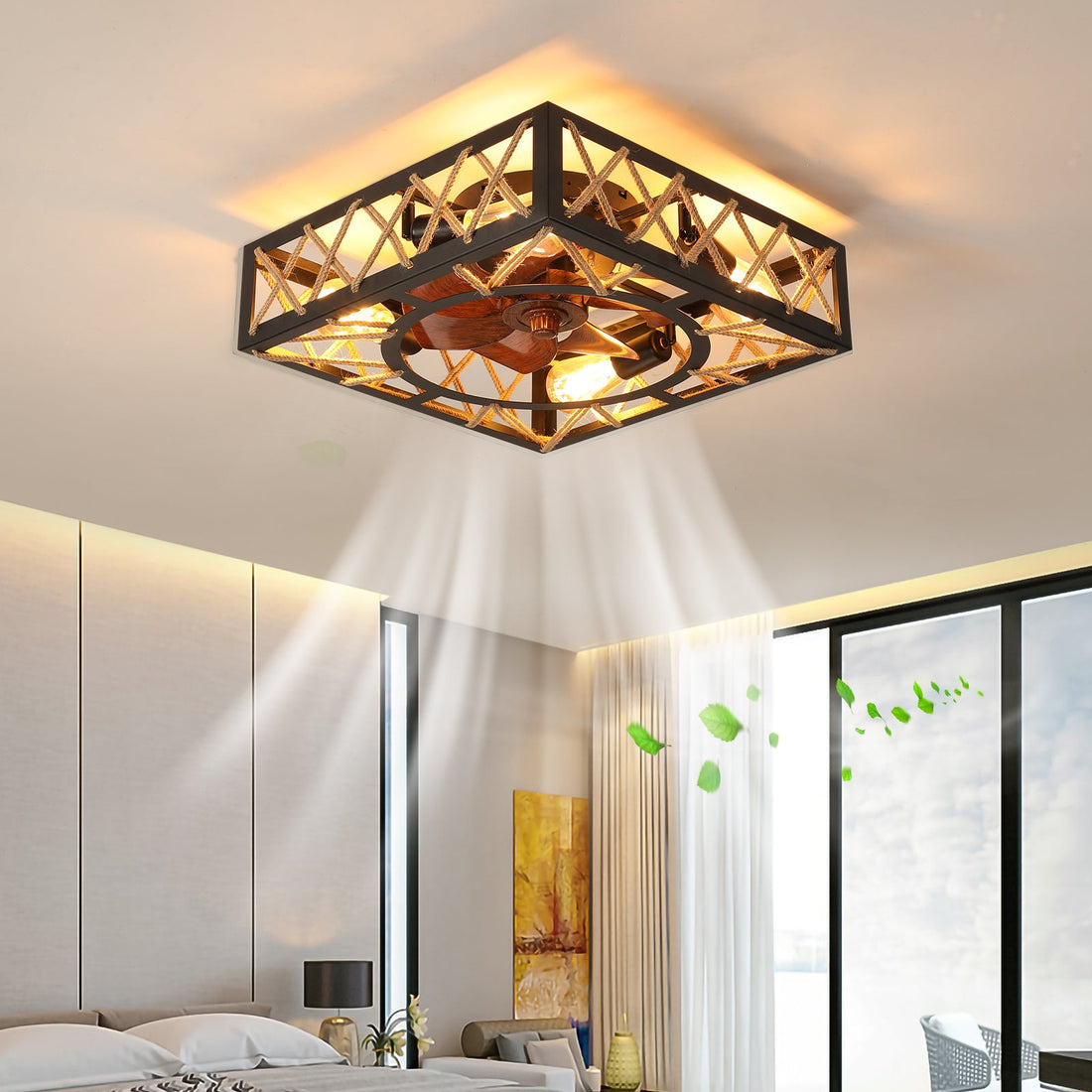 Farmhouse Rustic Ceiling Fan and Remote Control,Square Caged