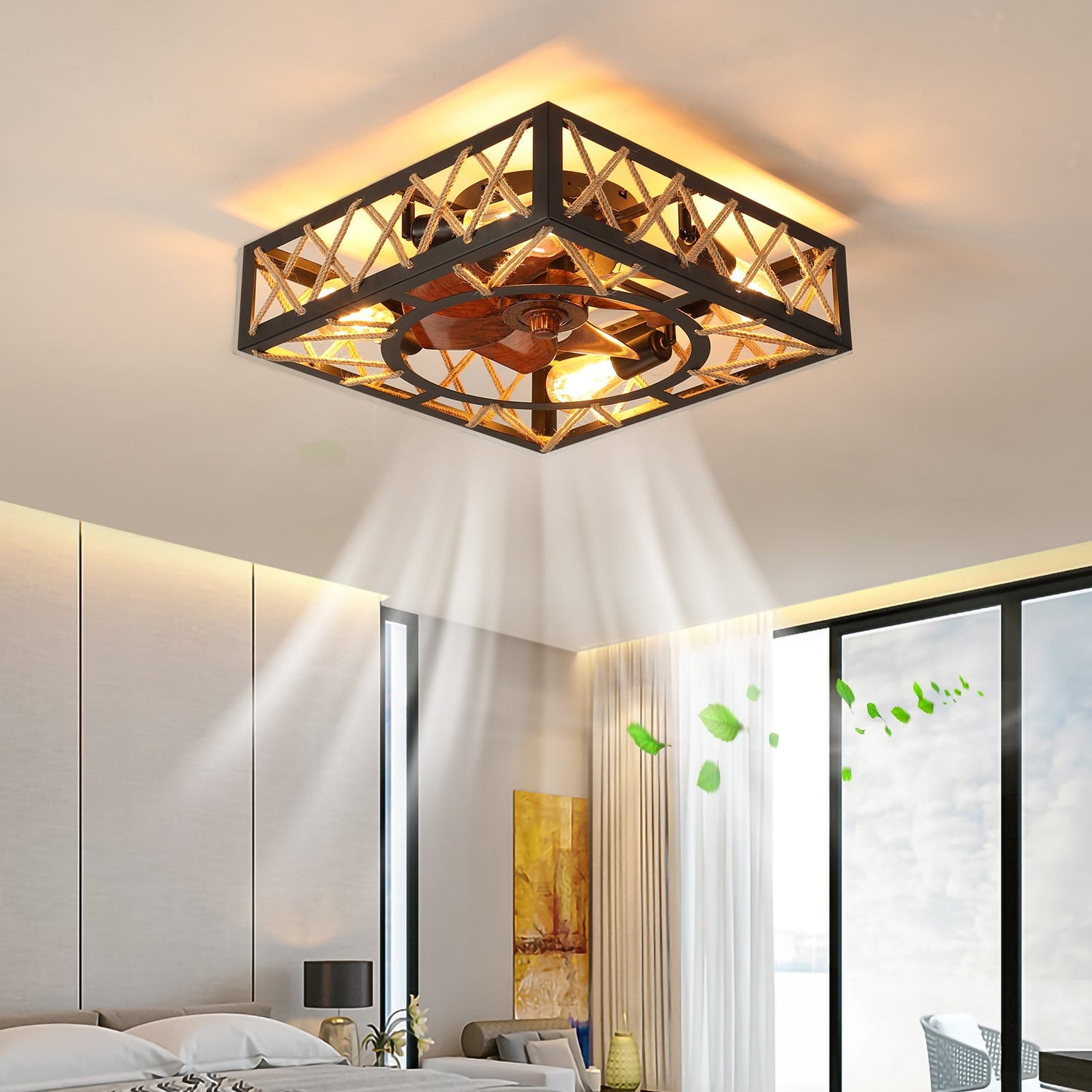 Farmhouse Rustic Ceiling Fan and Remote Control,Square Caged