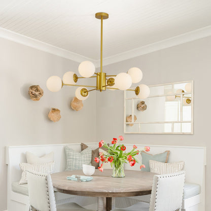 Modern 8-Light Gold Chandelier with White Glass Globe Shades,