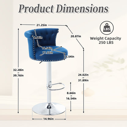 Velvet Bar Stool Set of 2, Adjustable Swivel Bar Stools with Silver