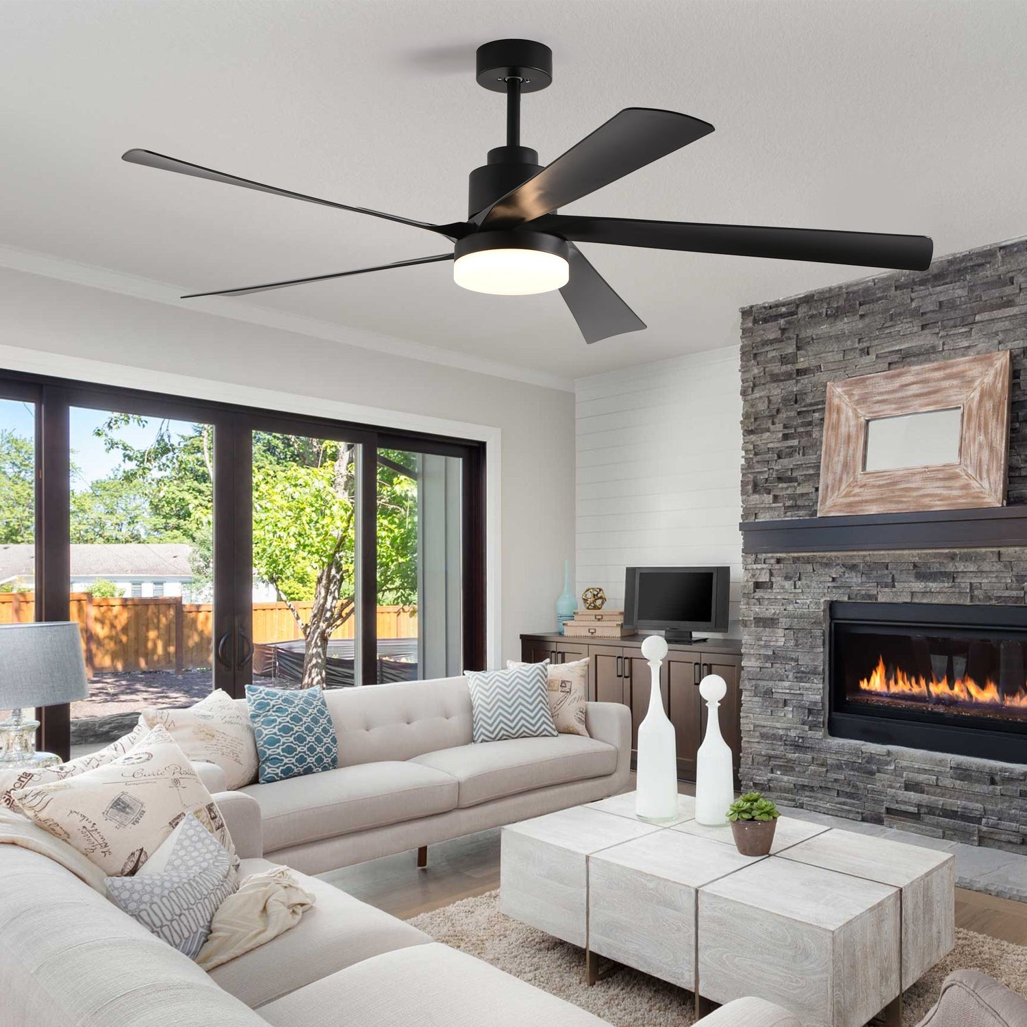 65 Inch Black Ceiling Fan with Light, 5-Blade Dimmable LED Ceiling Fan