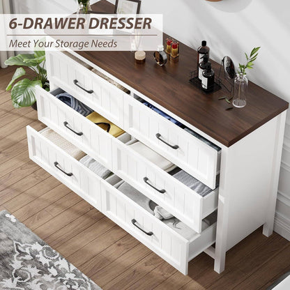 Farmhouse Dresser 6 Drawer Dresser for Bedroom, Large Wooden Dressers