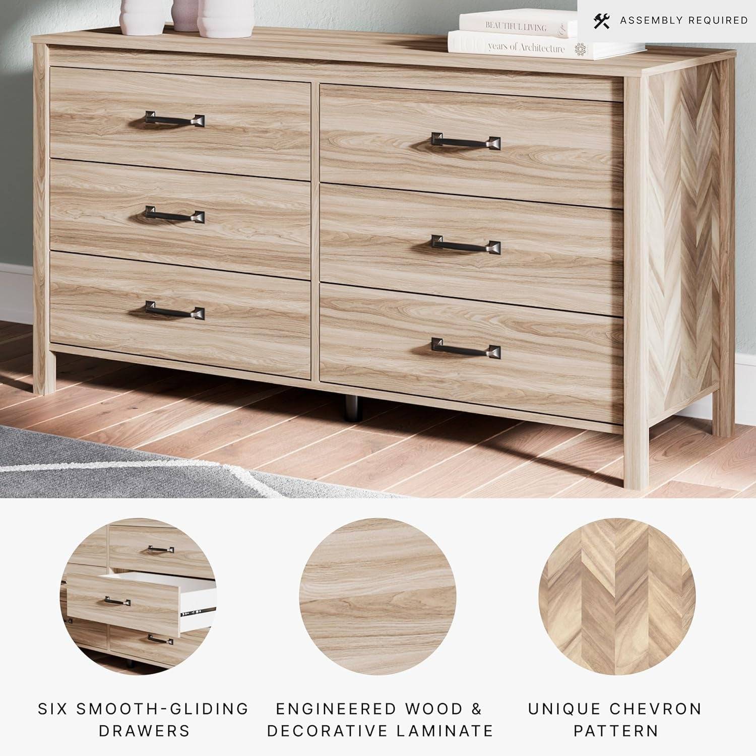 Battelle Mid-Century Modern 6 Drawer Dresser with Chevron Pattern and