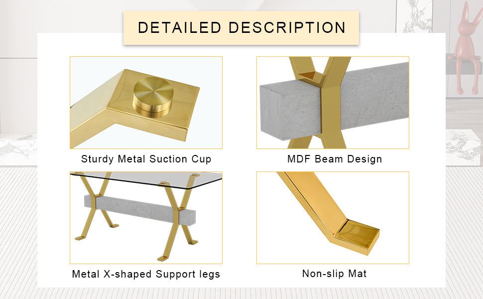 Modern tempered glass dining table. Large modern office desk with gold