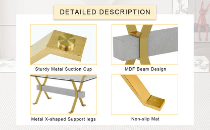 Modern tempered glass dining table. Large modern office desk with gold