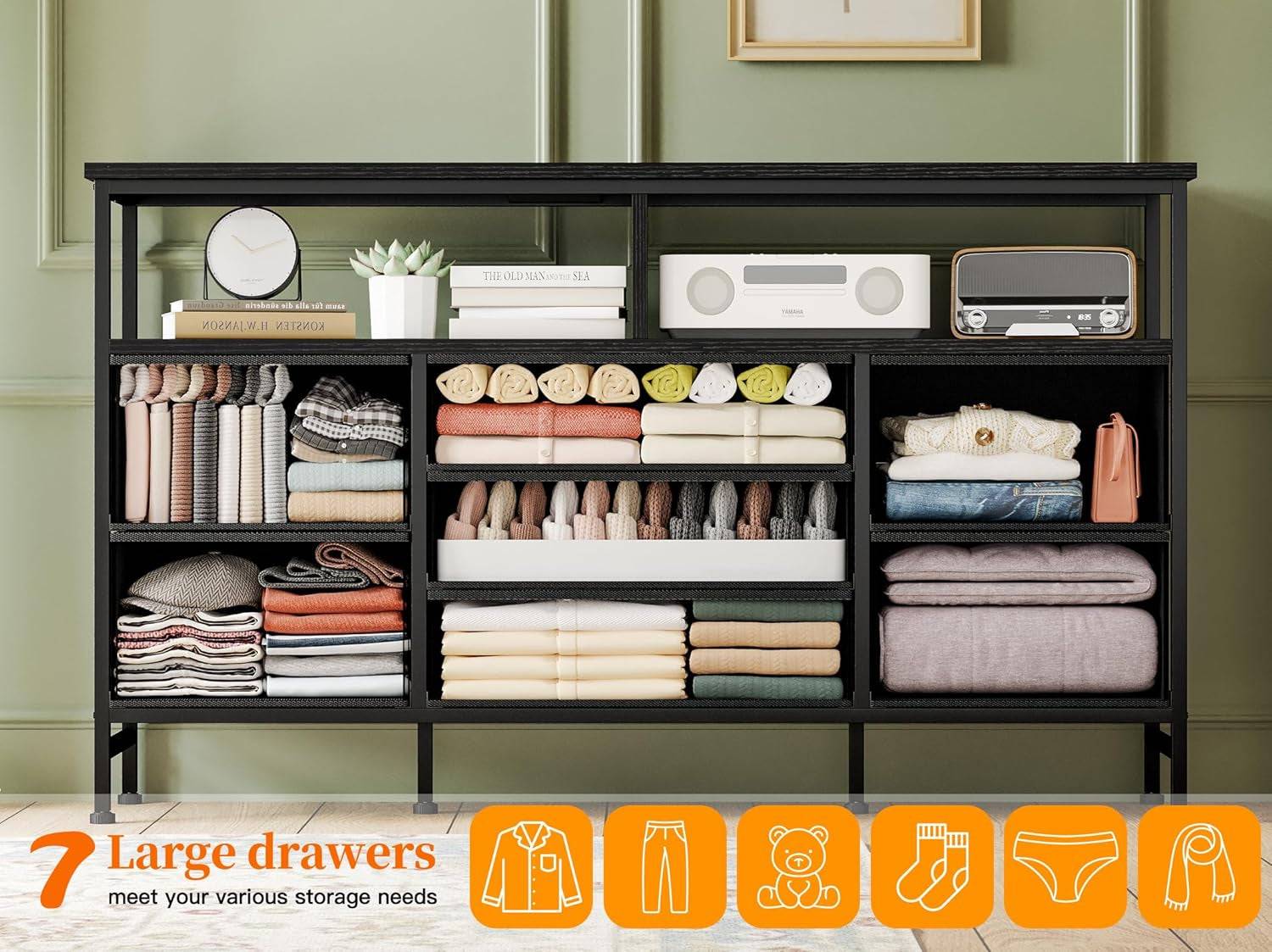 Black Dresser for Bedroom with Power Outlets and LED Lights, 55 Inch