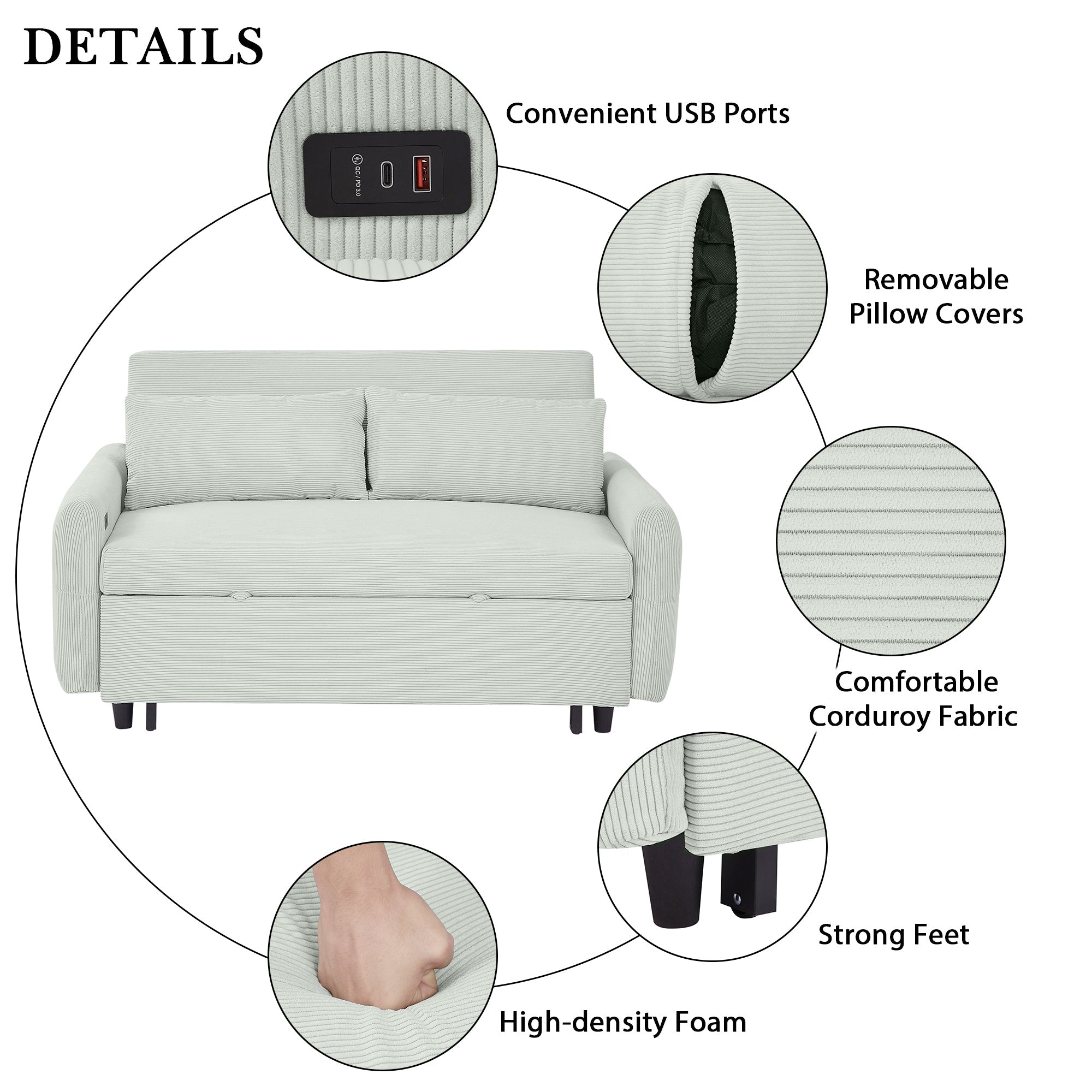 57.48" Pull-out Sofa Bed Convertible Couch 2 Seat Loveseat Sofa Modern