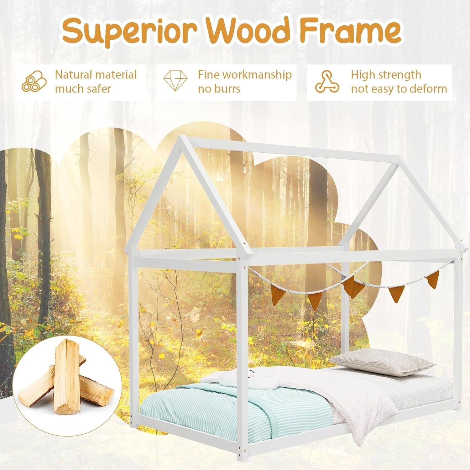 Twin House Bed with Roof Canopy, Montessori