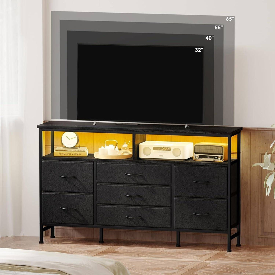 Black Dresser for Bedroom with Power Outlets and LED Lights, 55 Inch