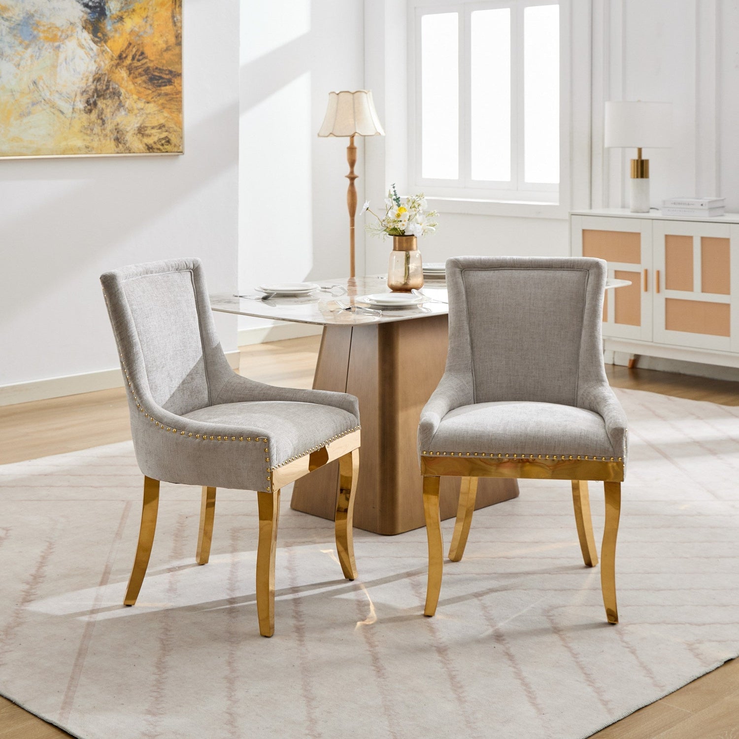 Chenille Dining Chairs, Modern Style with Curved Gold - Plated Legs &amp;