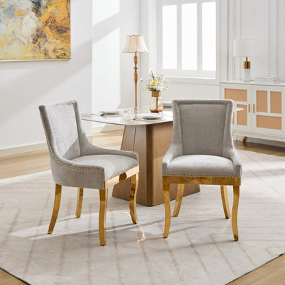 Chenille Dining Chairs, Modern Style with Curved Gold - Plated Legs &amp;