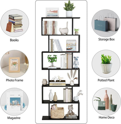 6-Tier Black S-Shaped Modern Geometric Bookshelf