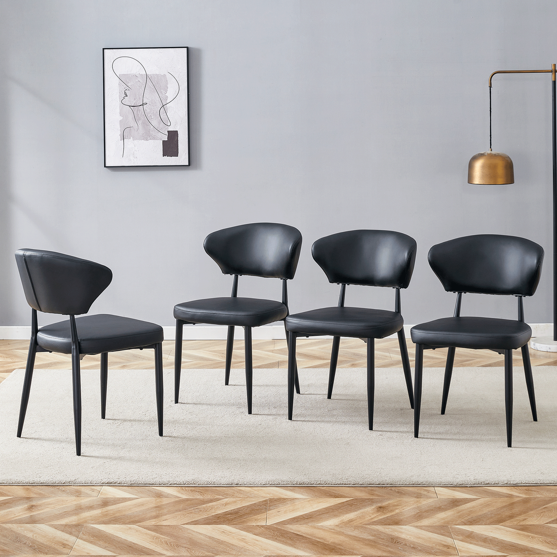 Black Minimalist Ergonomic Dining Chair, With A Curved Backrest For
