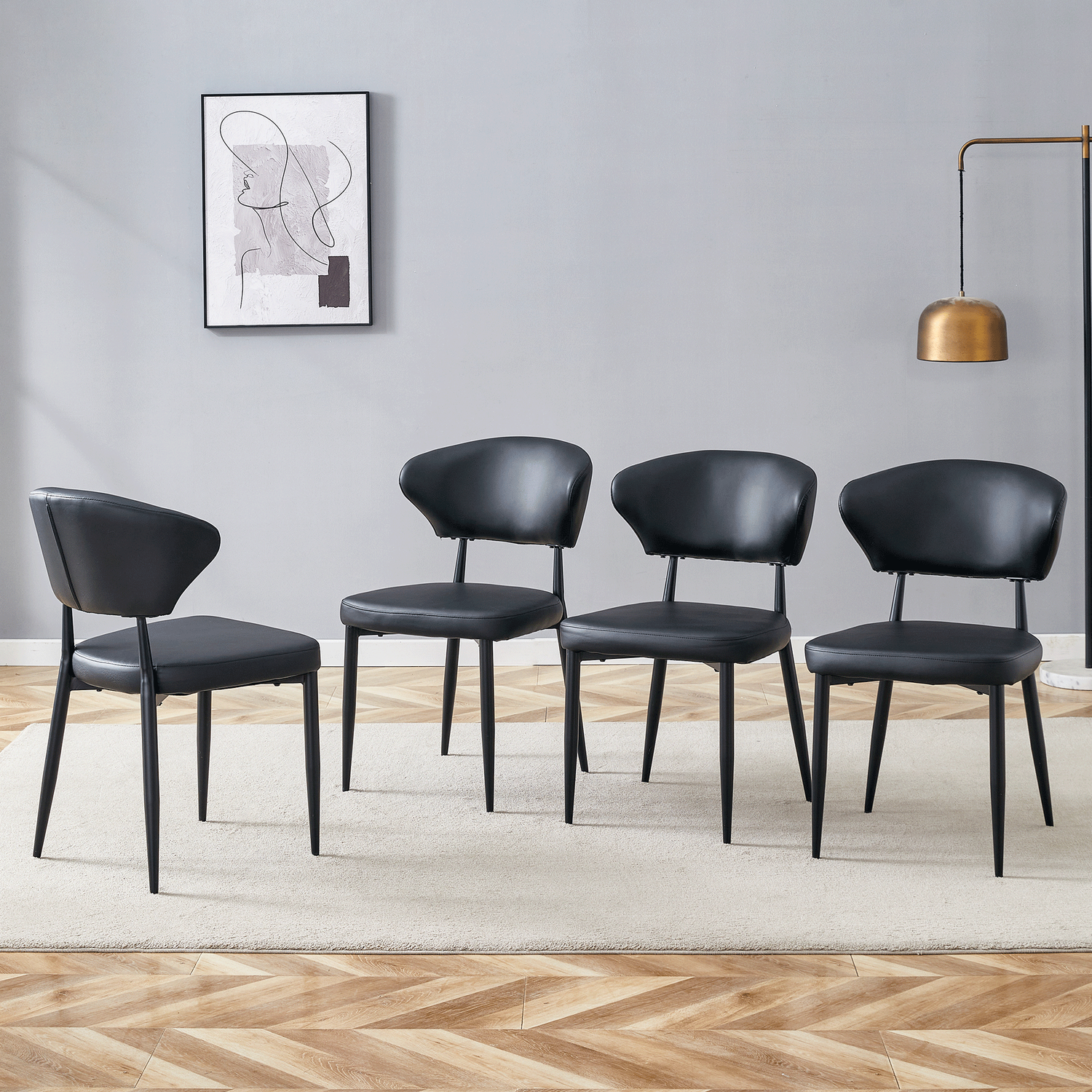 Black Minimalist Ergonomic Dining Chair, With A Curved Backrest For