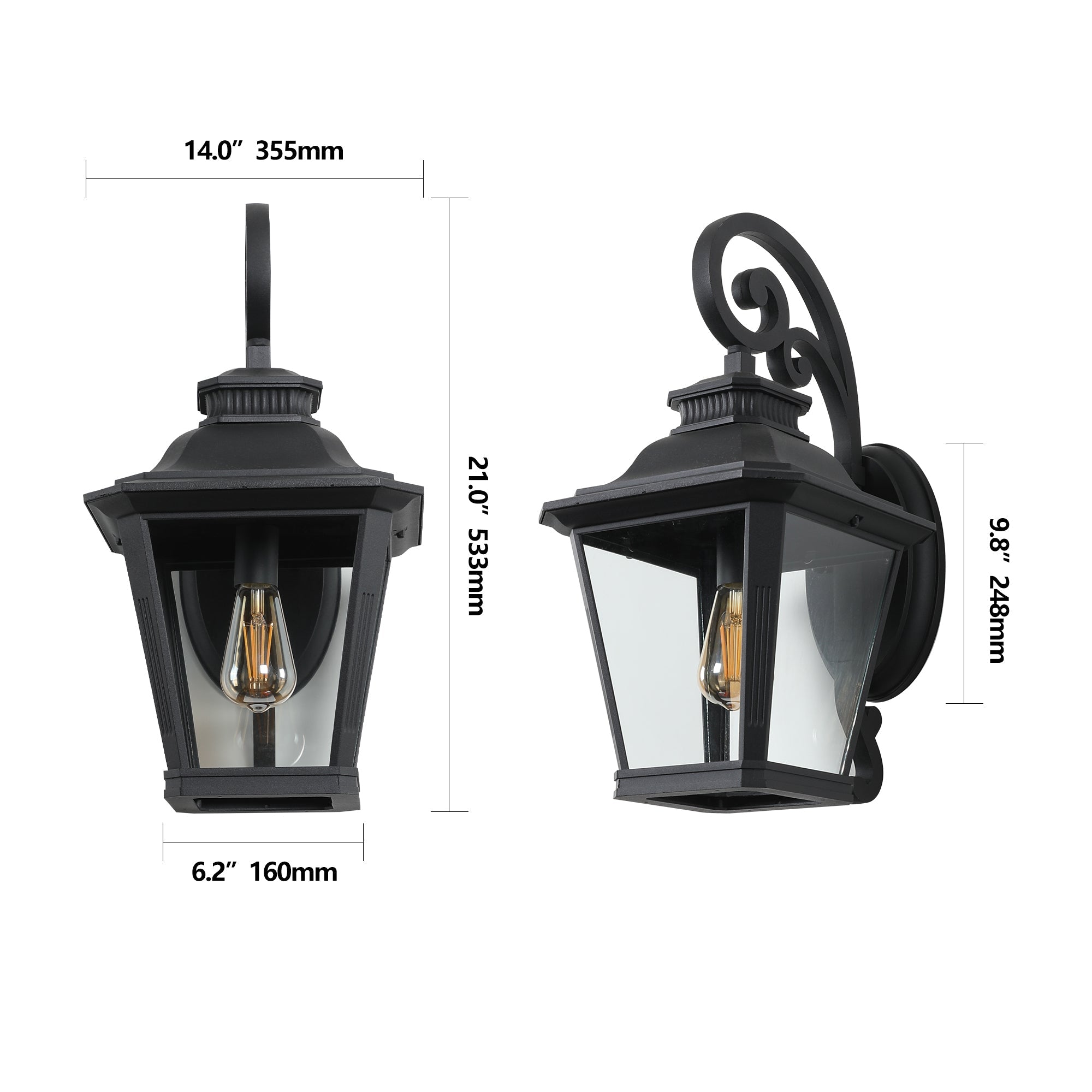 Outdoor Wall Lanterns 2-Pack, Black Waterproof Wall Sconce with Clear